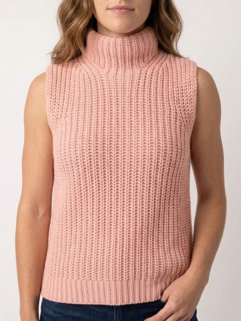 Sz M JEANNE PIERRE 100% Cotton Sleeveless Turtleneck Chunky Knit Sweater Lt Pink
